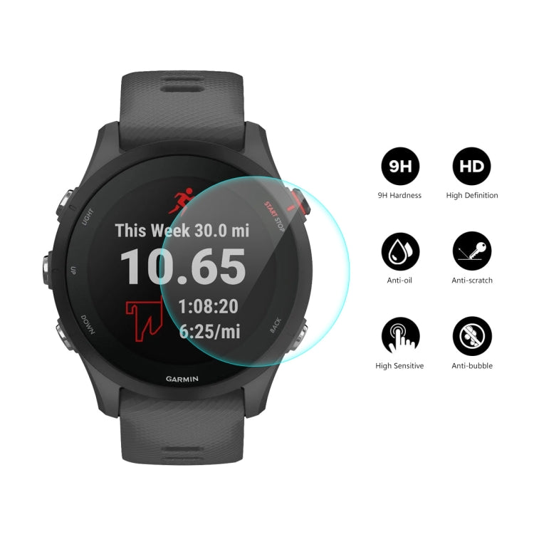 Tempered glass screen protector for Garmin smartwatch, 9H shield with anti-scratch icons.