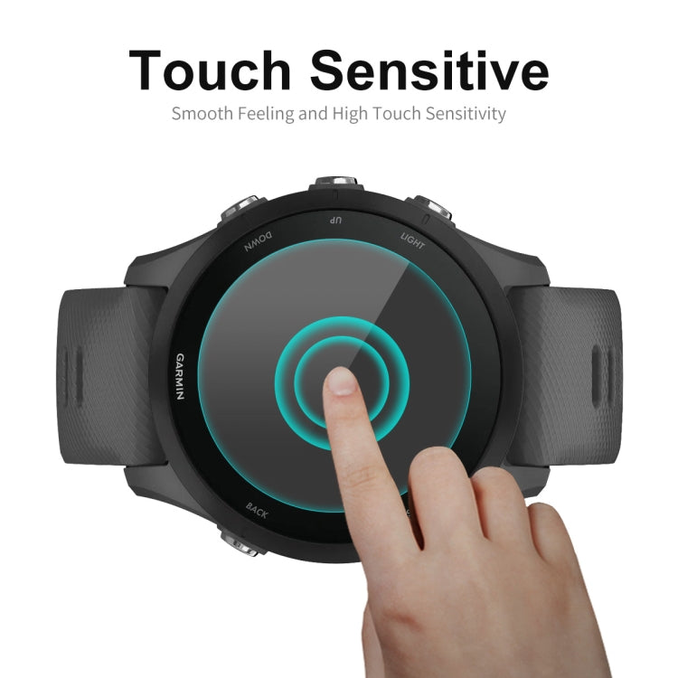 Tempered glass screen protector for Garmin smartwatch with touch area highlighted.