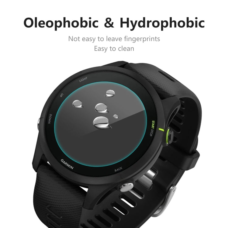 Tempered glass screen protector for Garmin smartwatch with water droplets on the surface.