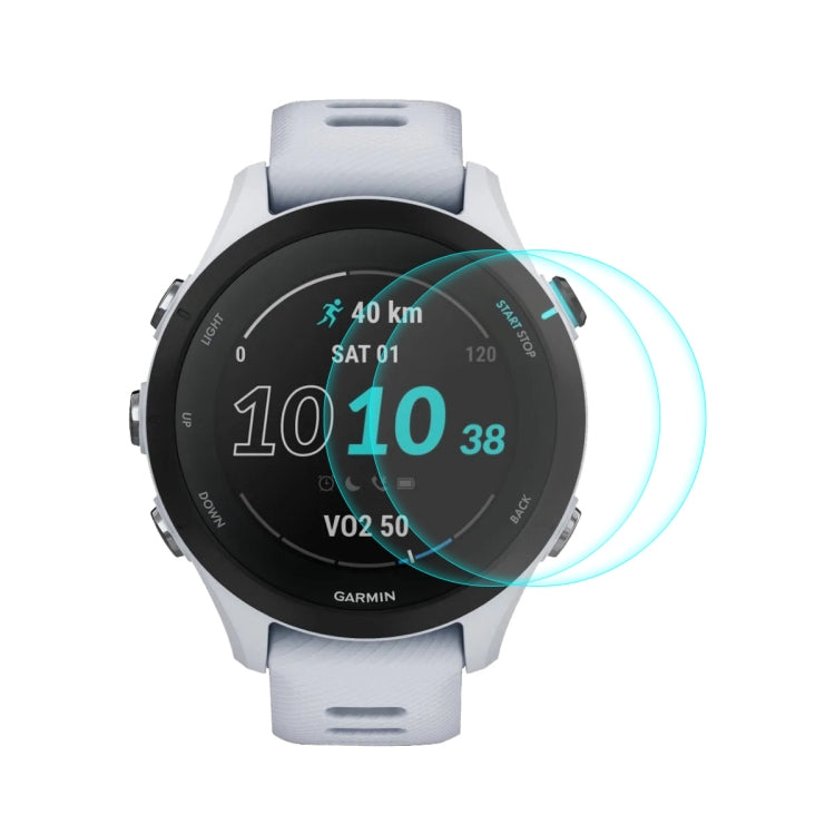 Tempered glass screen protector for Garmin smartwatch, clear curved fit over the face.