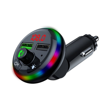 Black dual-port USB car phone charger with digital display and rainbow LED ring
