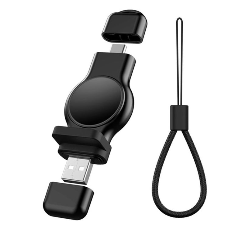 Black magnetic 2-in-1 Apple Watch charger with USB-C and USB-A connectors
