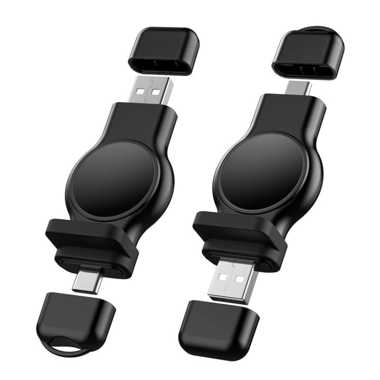 Black magnetic watch charging dock with USB-C and USB-A plugs, two angles