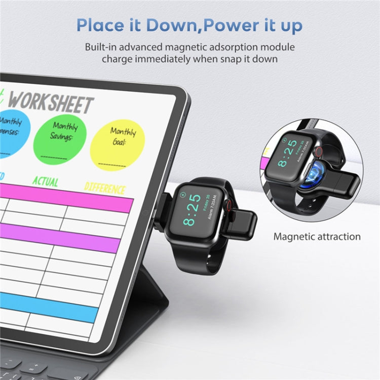 Black magnetic watch charger with attached smartwatch for snap-on charging