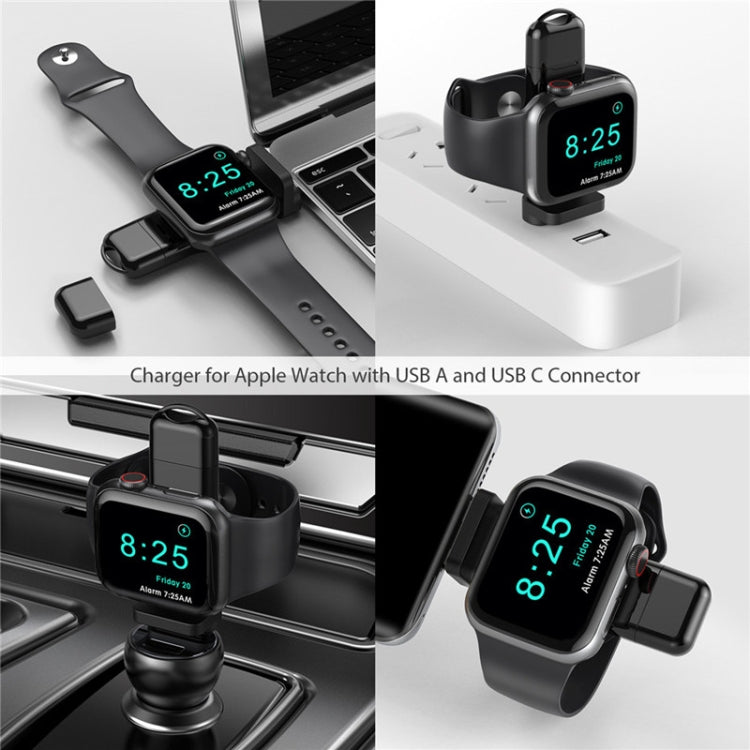Black magnetic Apple Watch charging dock with USB-A and USB-C connector