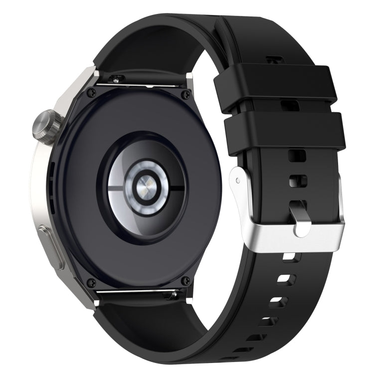 Black silicone watch strap with silver buckle, shown from side with clasp hardware
