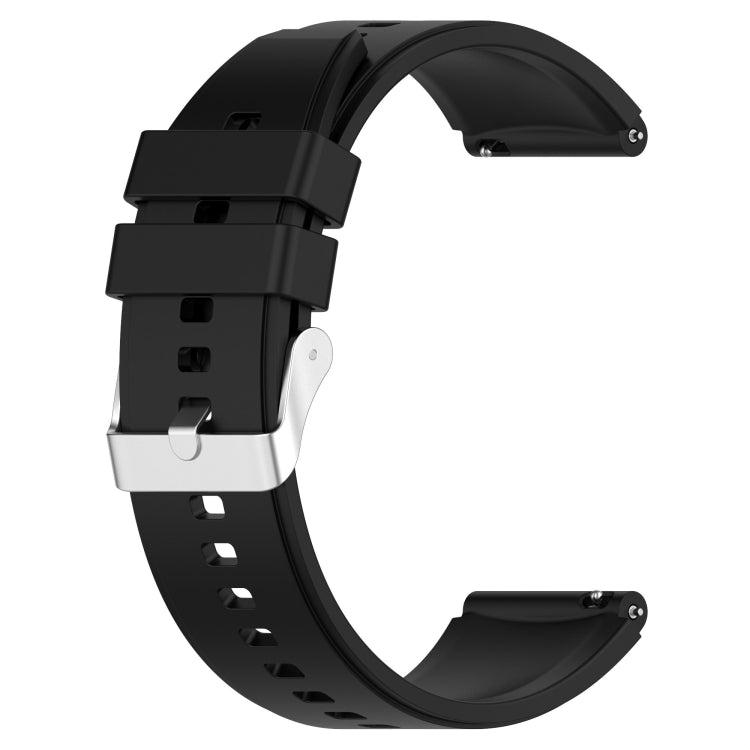Black silicone watch strap with silver buckle, side view with pin-and-loop clasp