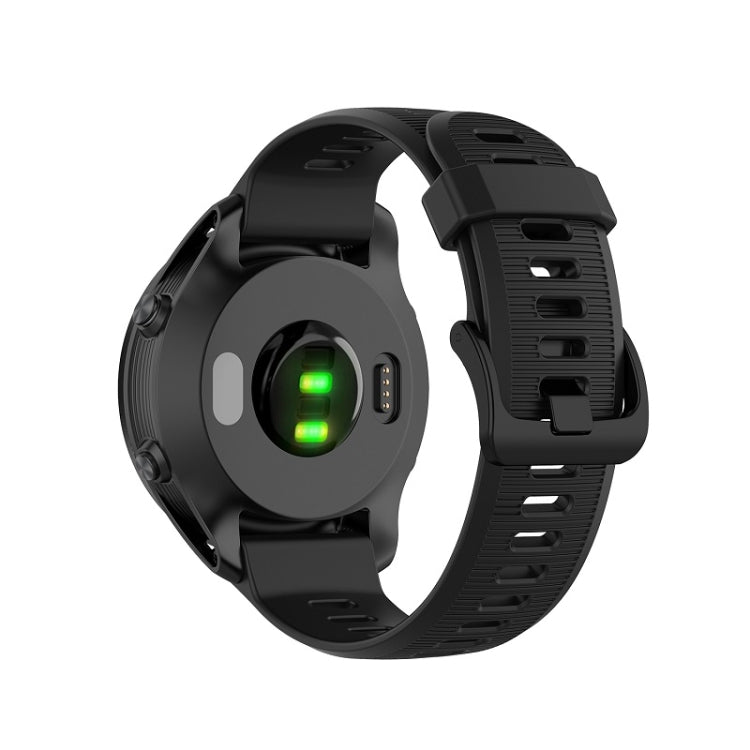 Silicone watch band with adjustable buckle, black, side view of clasp