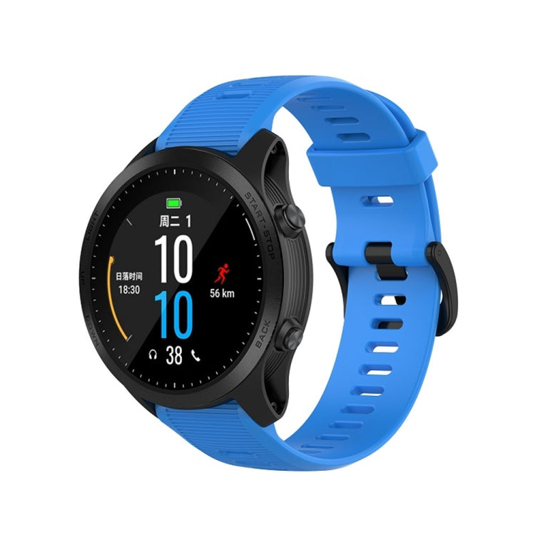 Blue silicone smartwatch watch band with textured holes and quick-release buckle