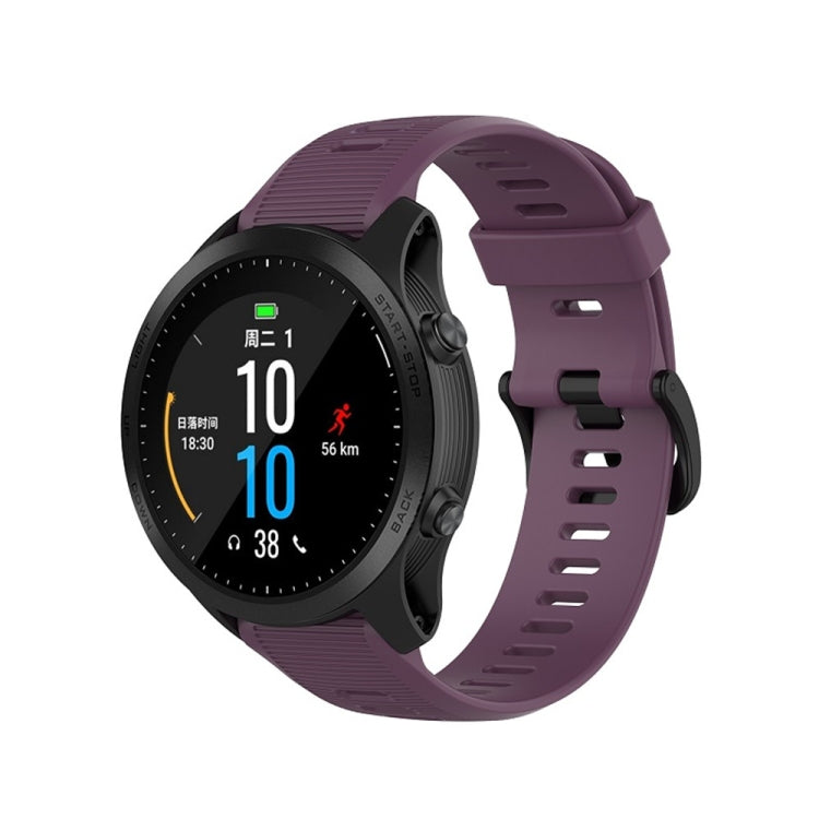 Purple silicone smartwatch watch band with textured holes and quick-release buckle