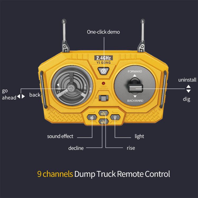 Yellow remote control transmitter with directional controls, buttons, and two antennas