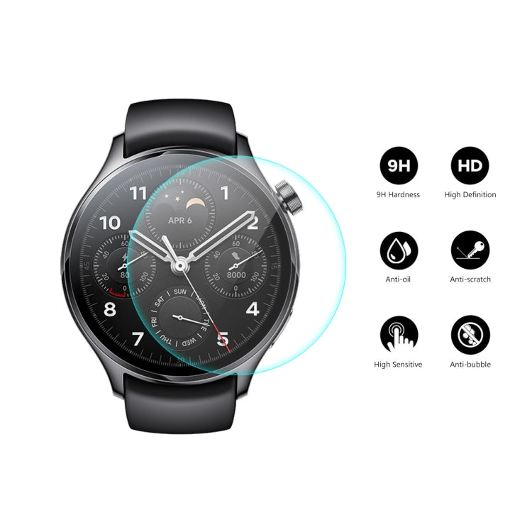 Black smartwatch with clear 9H tempered glass screen protector and protection feature icons