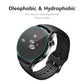 Black smartwatch with tempered glass screen protector showing water beading on glass surface