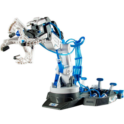 Blue 3-in-1 hydraulic robot arm toy with claw grippers on base