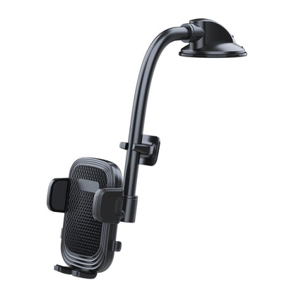 Car dashboard phone holder with long bendable arm and suction mount, black