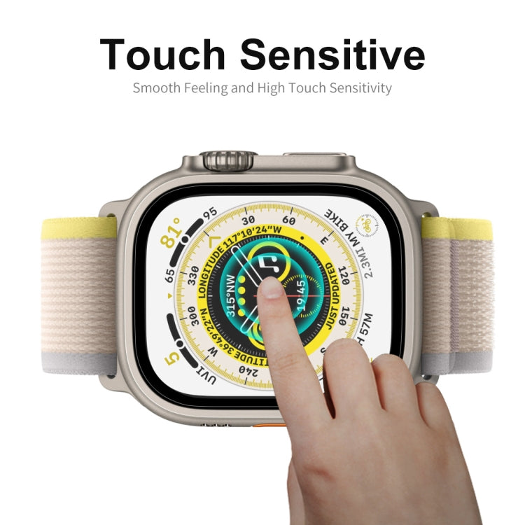 Tempered glass screen protector on watch face with fingertip touch for controls
