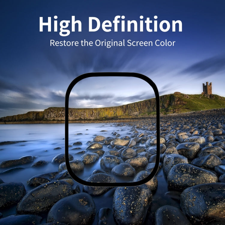 Tempered glass watch screen protector outline overlay on a landscape background