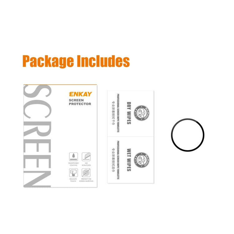 Screen protector package showing ENKAY protector sheets and round installation guides