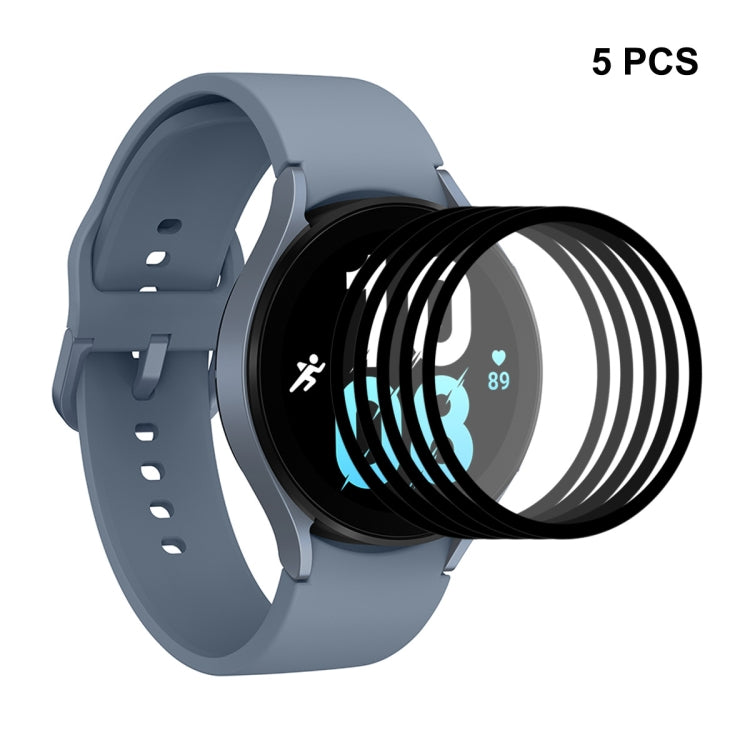 Tempered glass screen protector set with five full-cover clear film overlays on watch