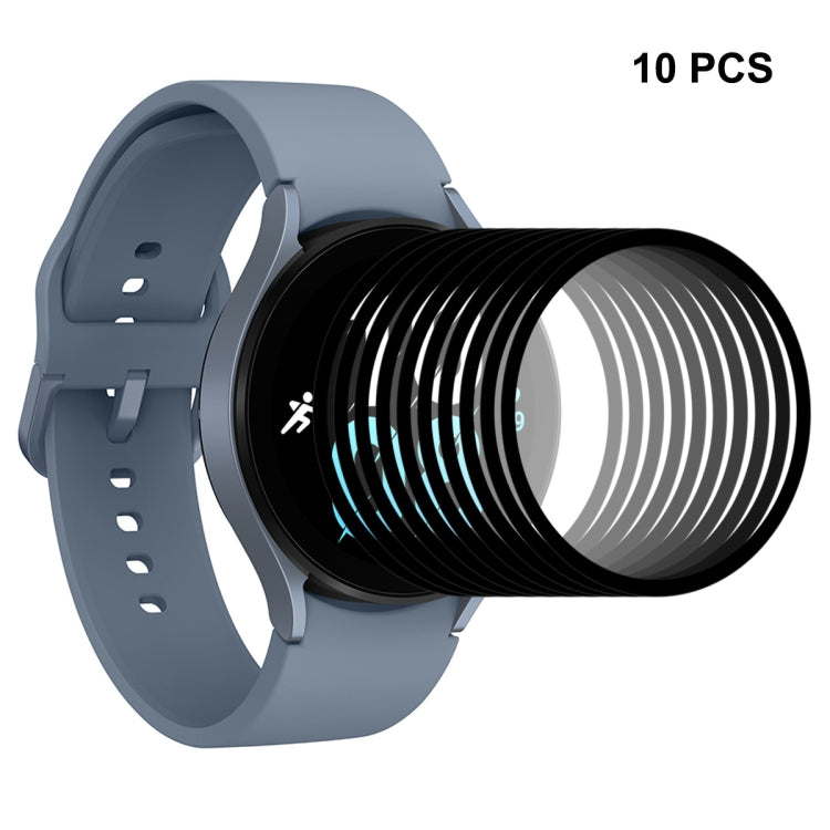 Tempered glass screen protector set with ten full-cover clear film overlays on watch
