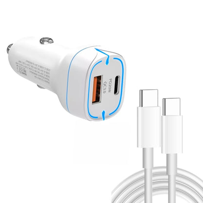 White USB-C car charger with PD and QC ports and Type-C to Type-C data cable, 1 m