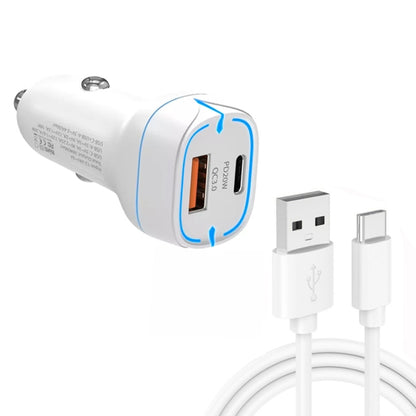 White car USB charger with dual ports and USB to Type-C data cable, 1m.