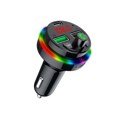 Black dual USB car charger with LED display, rainbow ring, Bluetooth FM transmitter
