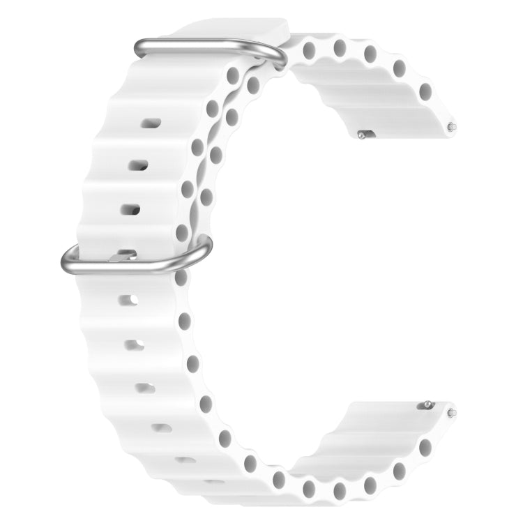 White perforated silicone watch band with metal pin clasp, side view