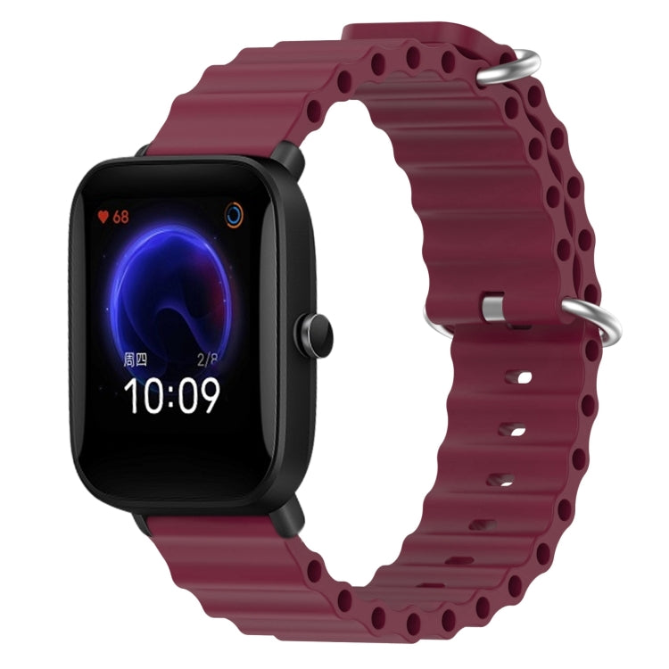 Burgundy silicone watch band with metal pin buckle and round perforation links, for watch