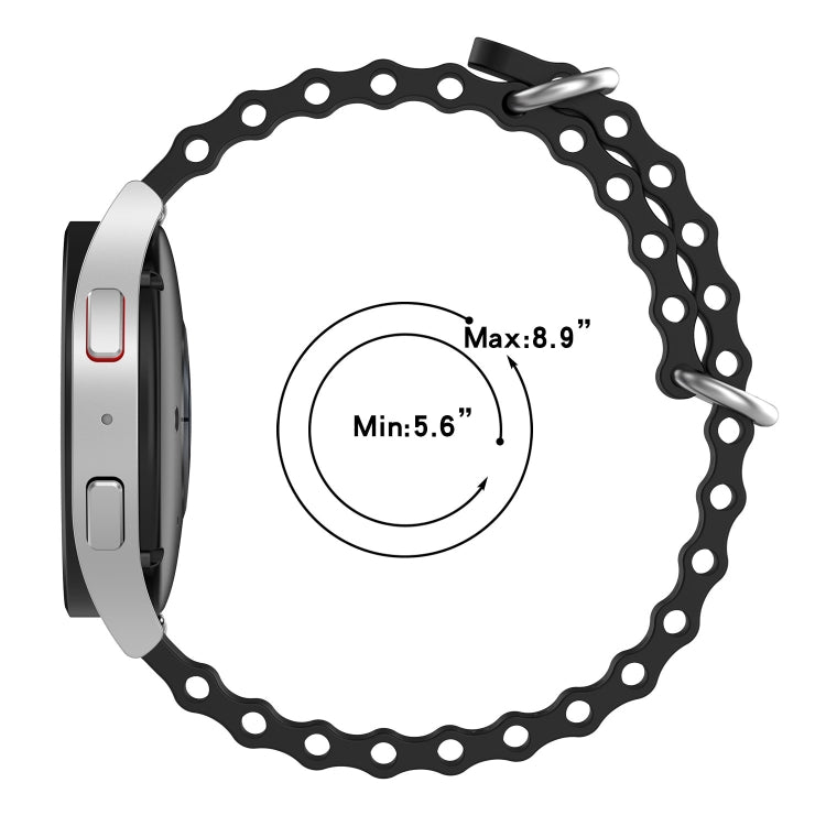 Black perforated silicone watch band with metal buckle; adjustable size range marked