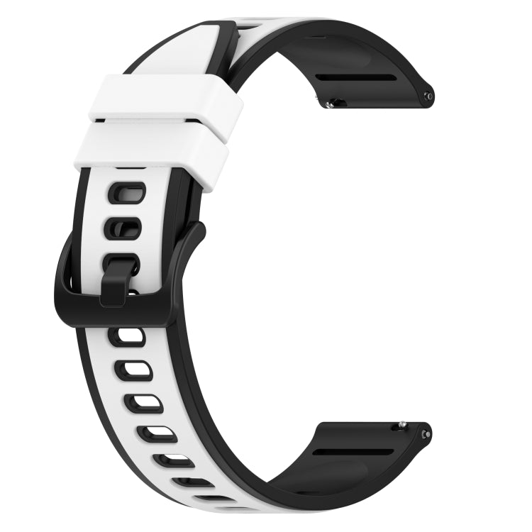 Two-color silicone watch band, white strap with black outer sections and buckle.