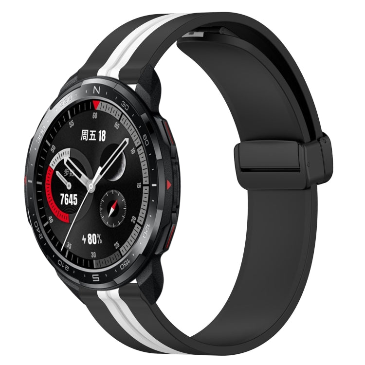 Silicone smartwatch band with folding magnetic clasp, black with white accent stripe