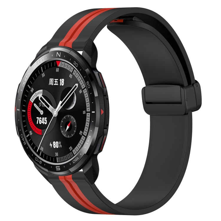 Silicone smartwatch band with folding magnetic clasp, black with red accent stripe