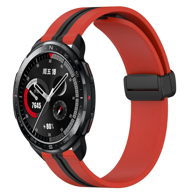 Silicone smartwatch band with folding magnetic clasp, red with black accent stripe