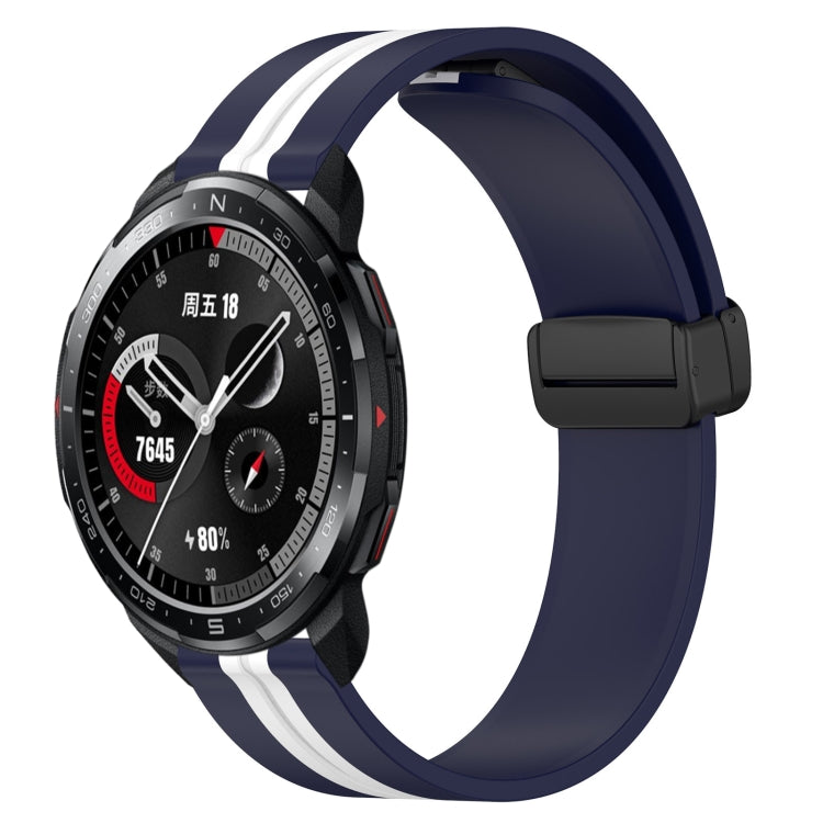 Silicone smartwatch band with folding magnetic clasp, navy blue with white accent stripe