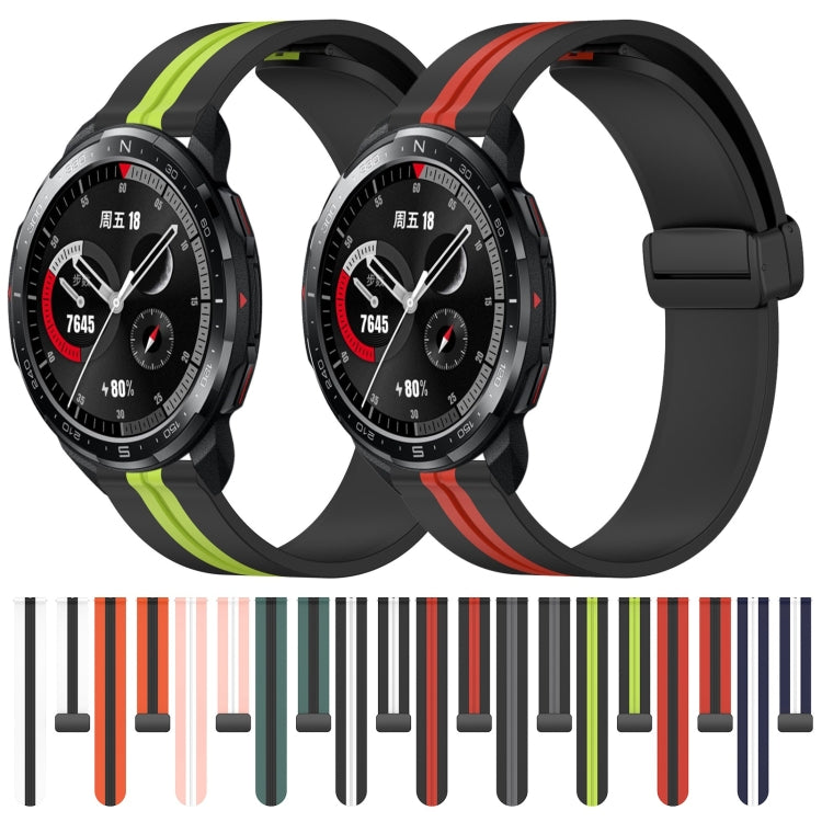 Silicone folding magnetic watch band, black with lime green and red accents, 22mm