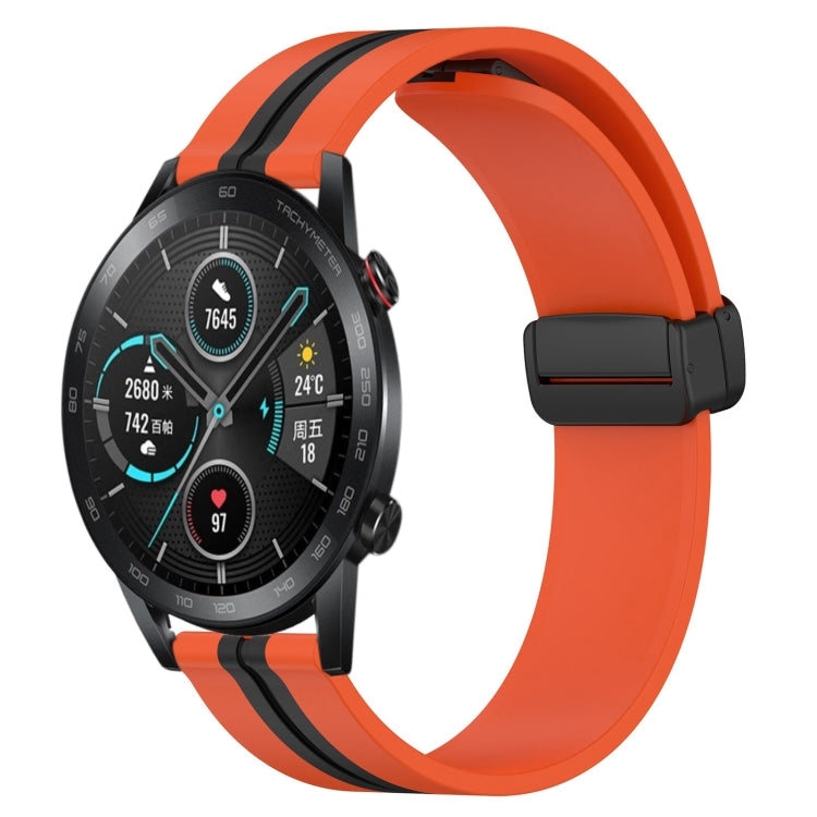 Silicone smartwatch band with folding magnetic clasp, orange with black accent stripe