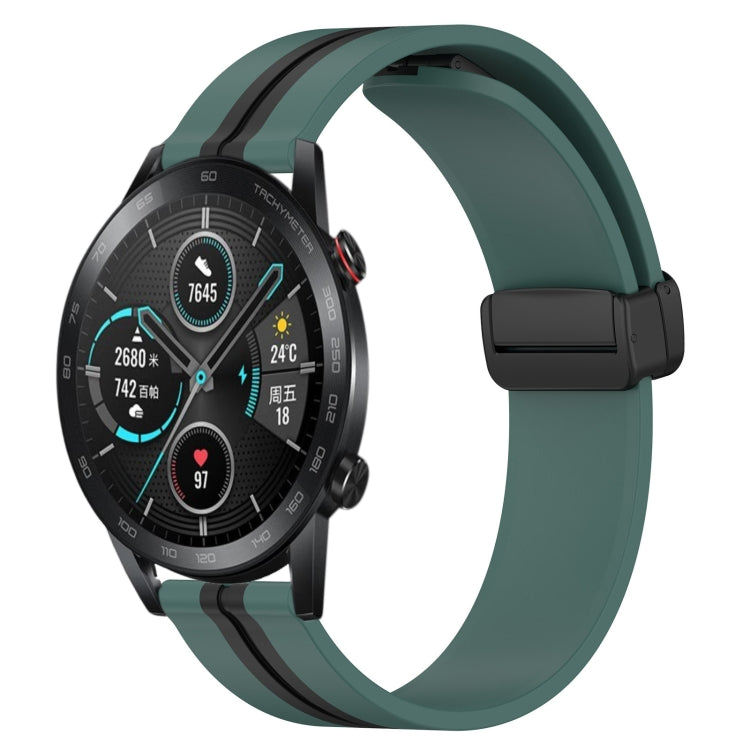 Silicone smartwatch band with folding magnetic clasp, olive green with dark accent stripe