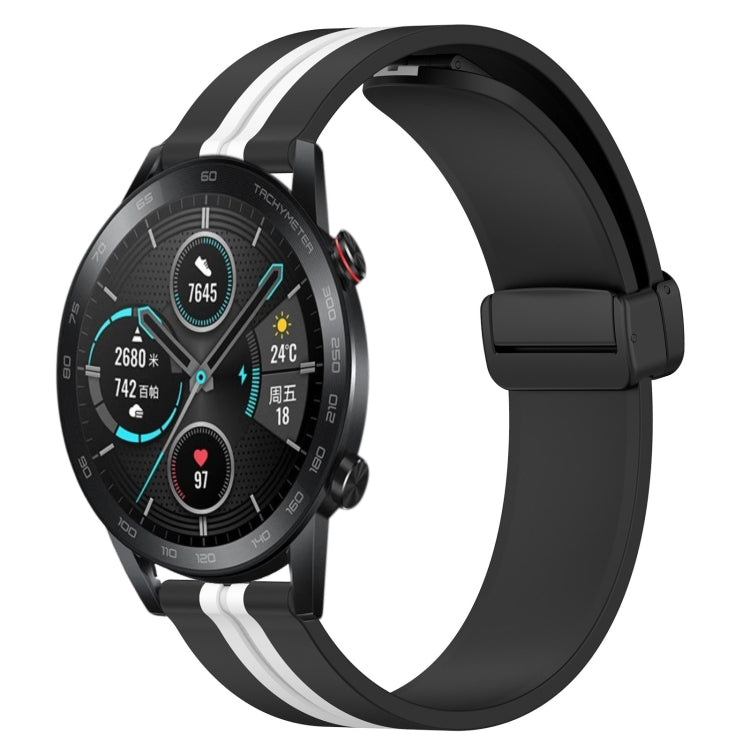 Silicone watch band with magnetic clasp, black with white and dark gray stripes