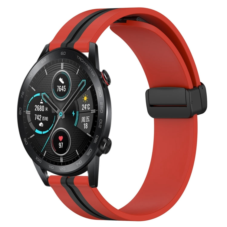 Silicone watch band with magnetic clasp, red with black stripe accents