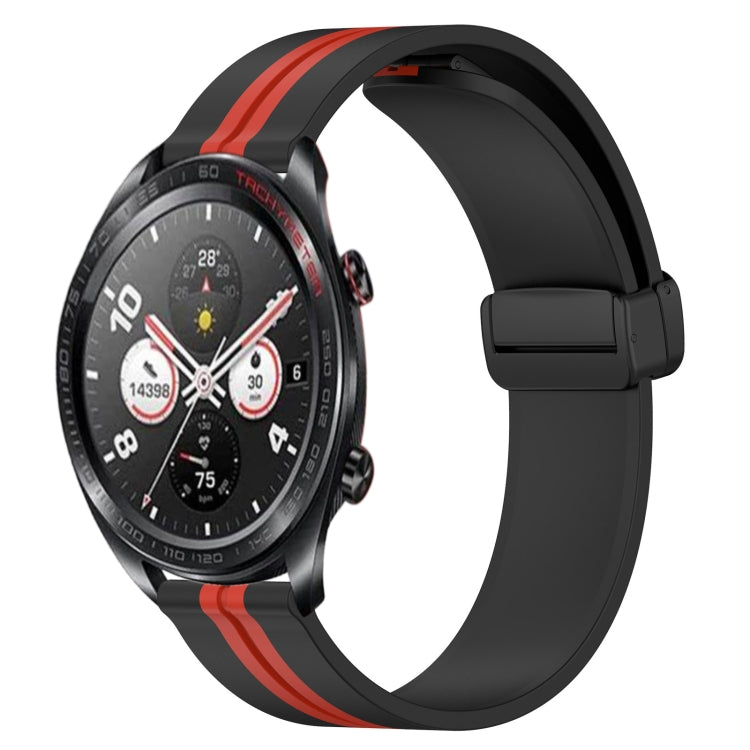 Silicone watch band with folding magnetic clasp, black with red stripe