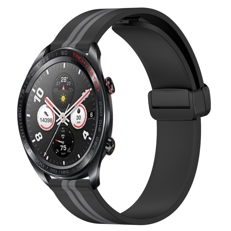 Silicone watch band with folding magnetic clasp, black with gray stripe
