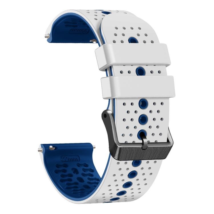 Perforated silicone watch band, white base with blue perforations and two-tone panels
