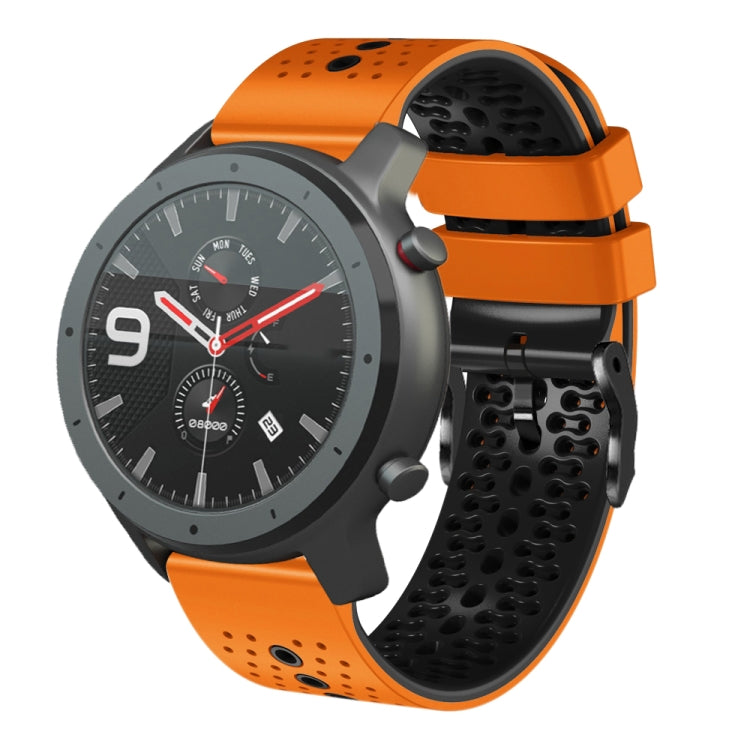 Perforated two-tone silicone watch band with orange and black strap segments
