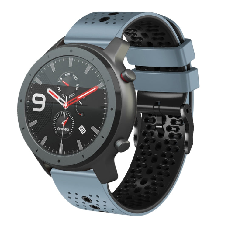 Perforated two-tone silicone watch band with light blue and black strap segments