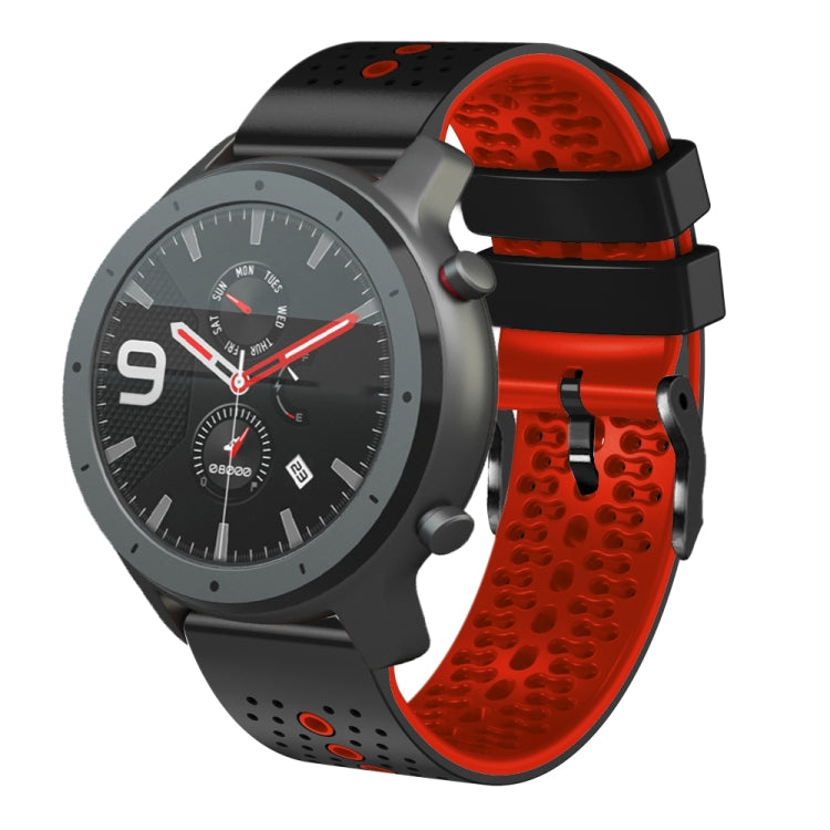 Perforated two-tone silicone watch band with red and black strap segments