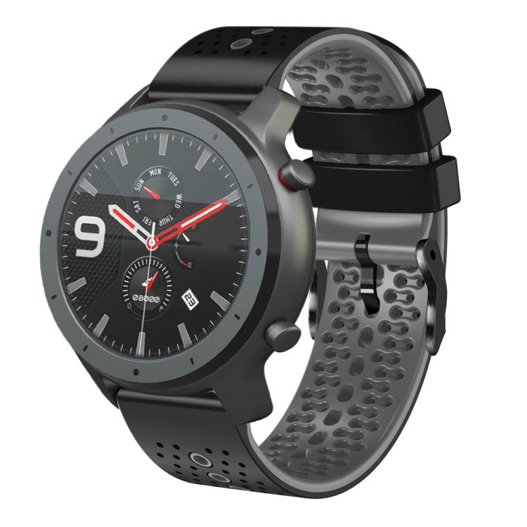 Perforated two-tone silicone watch band with gray and black strap segments