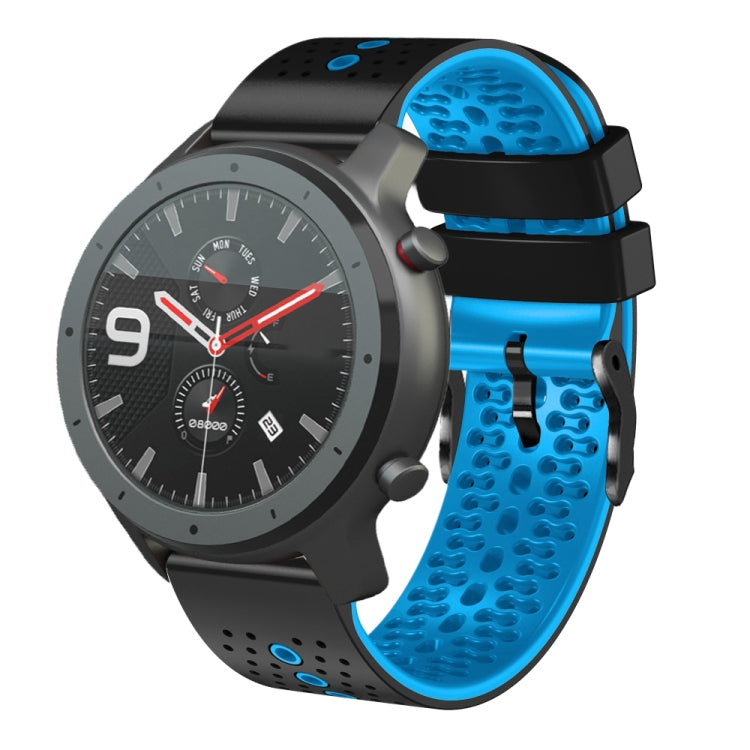 Perforated two-tone silicone watch band with bright blue and black strap segments