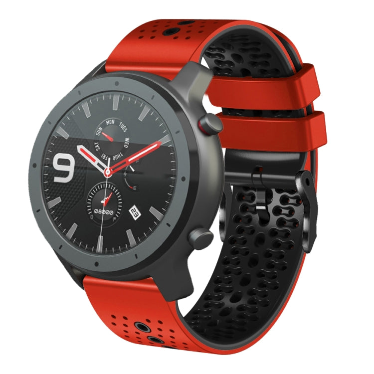 Perforated two-tone silicone watch band with red-orange and black strap segments