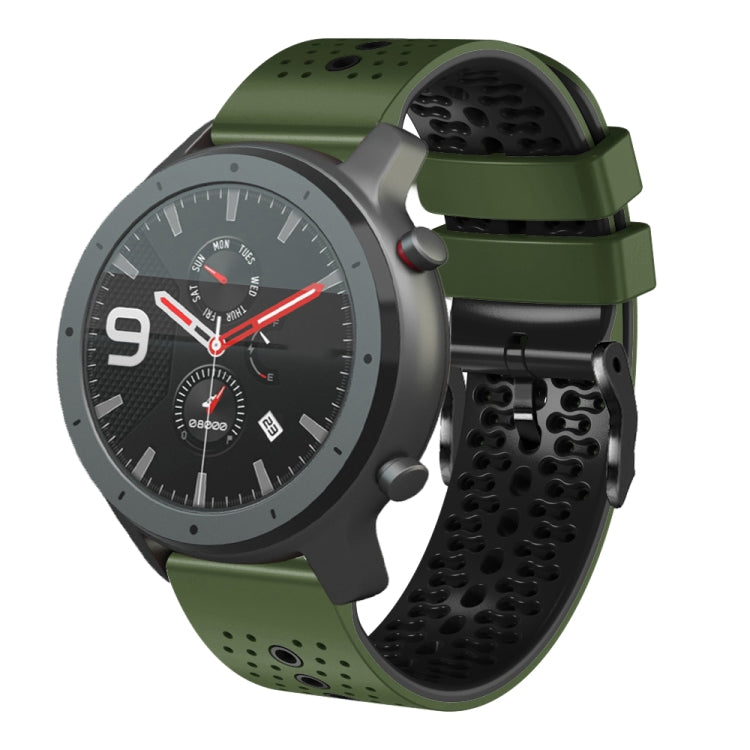 Perforated two-tone silicone watch band with army green and black strap segments